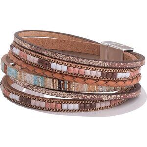Boho Leather Wrap Bracelet Faux Leather 8 Inches Multi-Strand Layered Jewelry